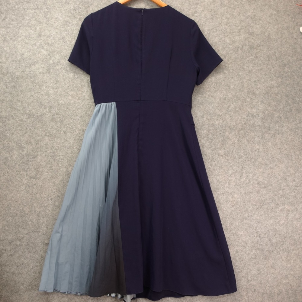 Navy Minimalist Colorblock Dress Womens M Blue Pleated Midi Elegant Career Mod - Picture 2 of 12